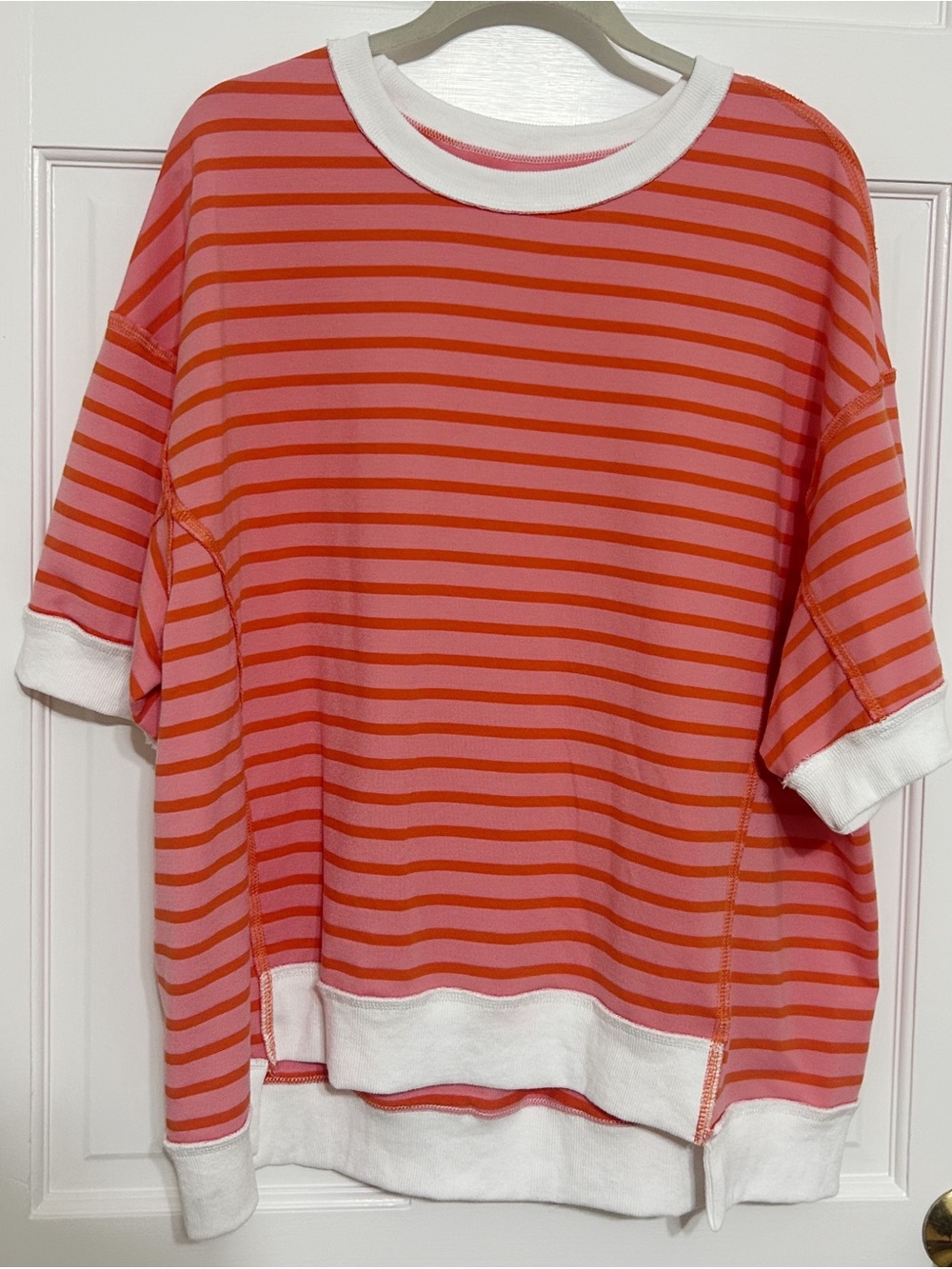 Striped Pink & Red Short-Sleeve Sweatshirt with White Trim